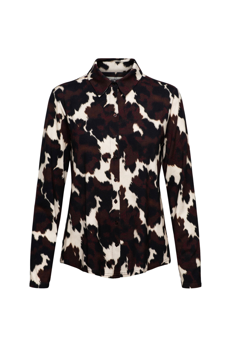 Zwarte en multi-kleurige blouse Lotte Cow van &Co woman, met losse pasvorm en modieuze details, gedragen door een model.