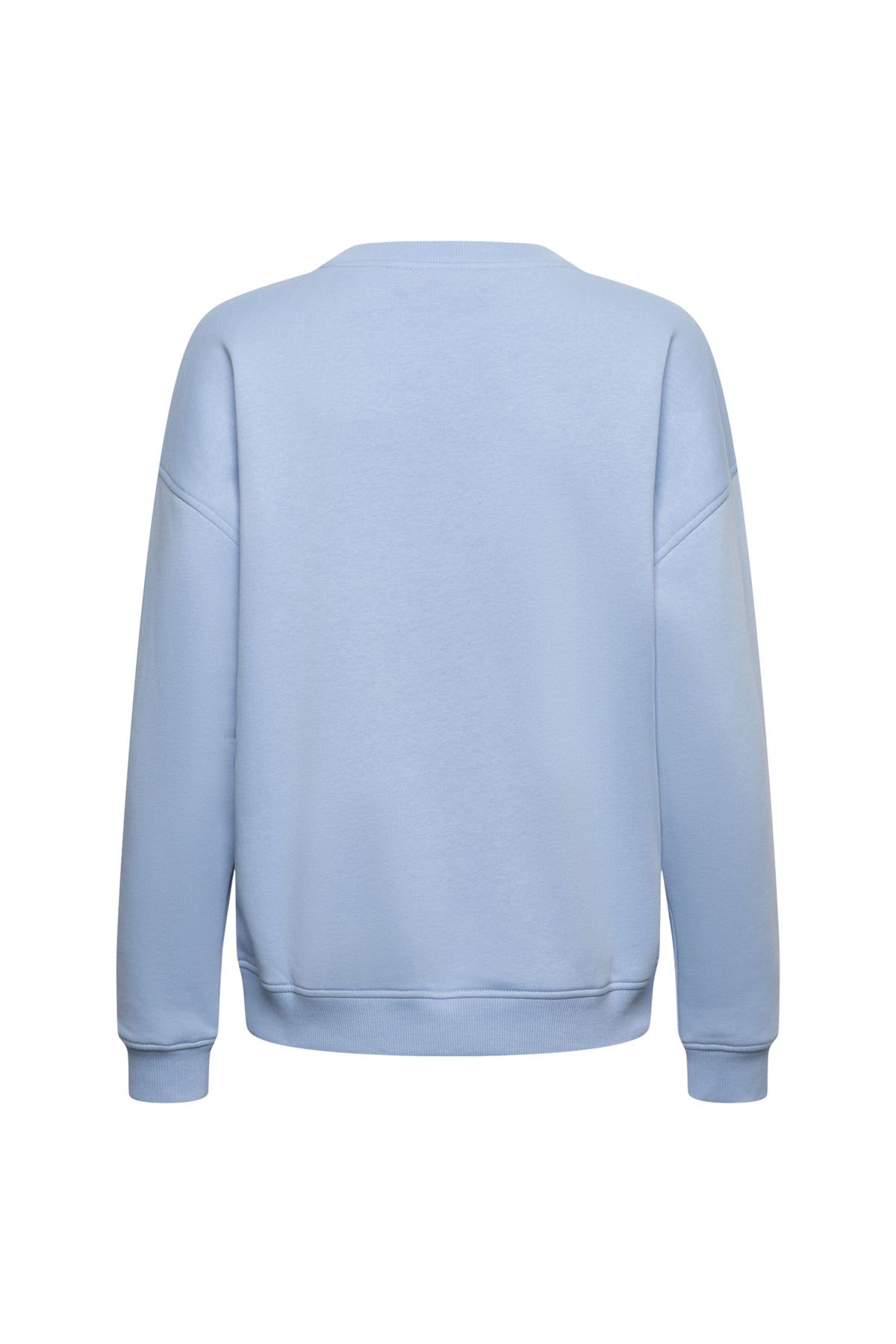 Lichtblauwe chambray trui van &Co woman Le Marais SW138, close-up van de textuur en pasvorm van de trui.