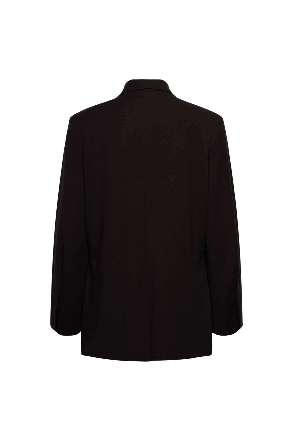 Donkere chocolade blazer Glennis van &Co woman, getailleerd met knopen en reverskraag, gedragen door een model.