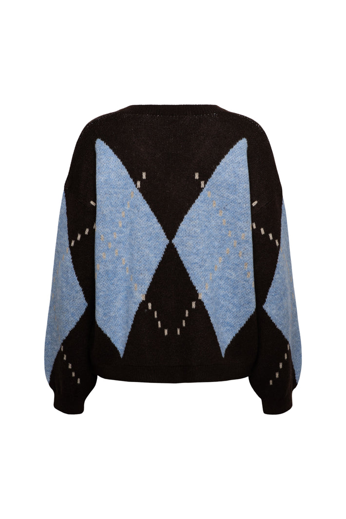 Donkere chocoladebruine multicolor trui van &Co woman met Berber patroon, rond hals, zachte stof, voor dames.