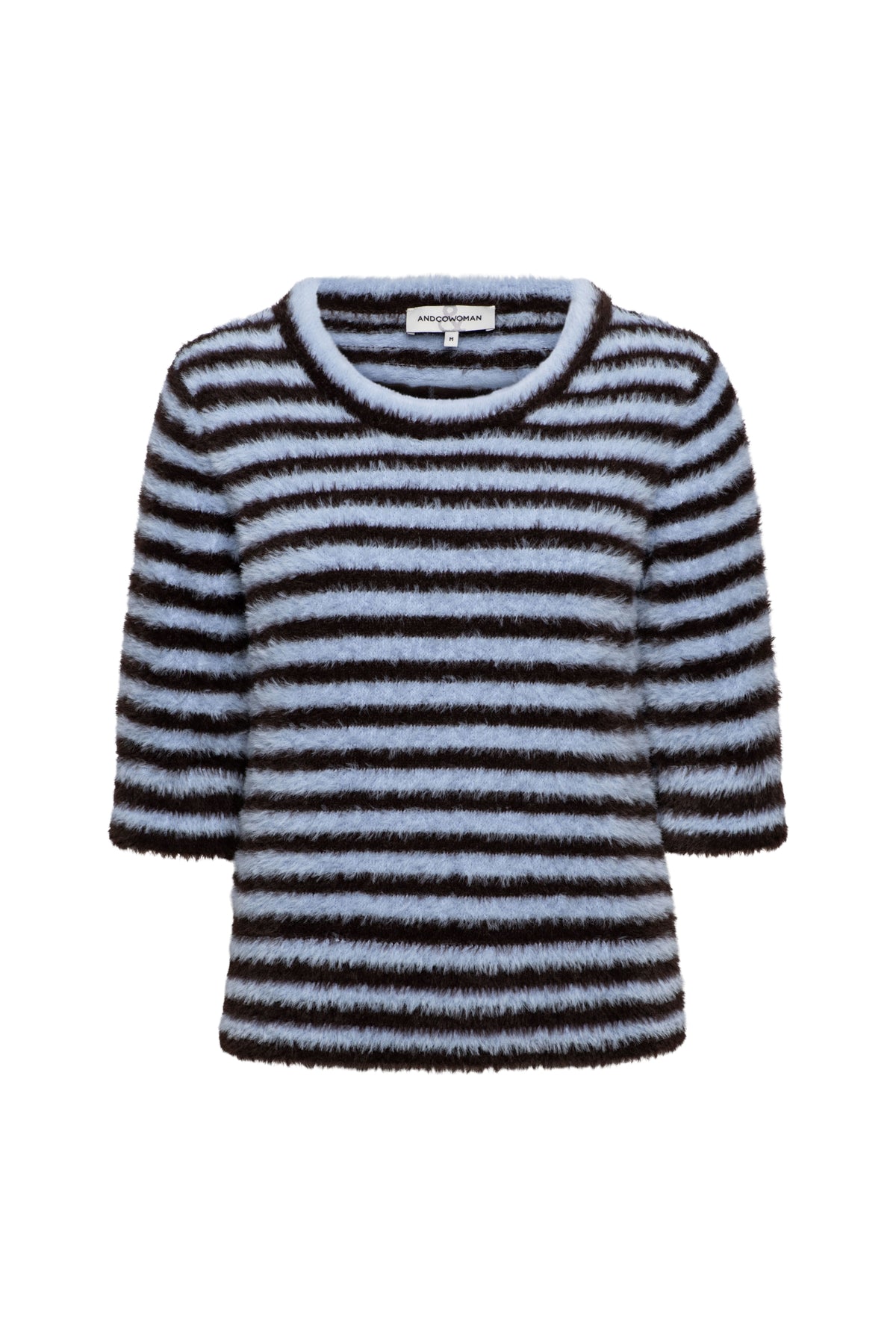 Donkerbruine multi-kleur trui van &Co Woman met balen patroon, gedragen door een model.