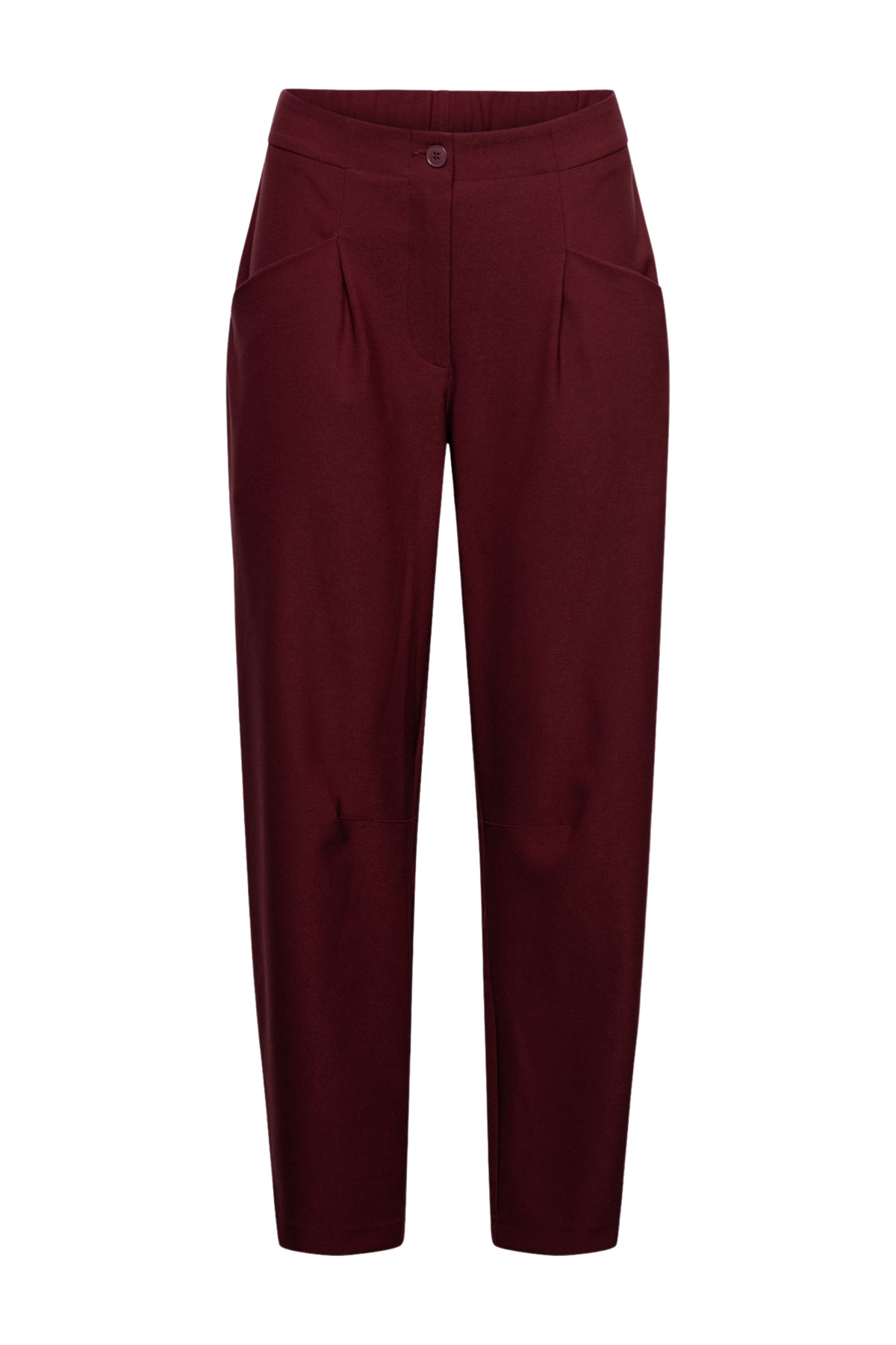 Donkere bordeauxkleurige &Co woman heavy travel broek met wijde pasvorm en elastische taille, geschikt voor comfortabel reizen.