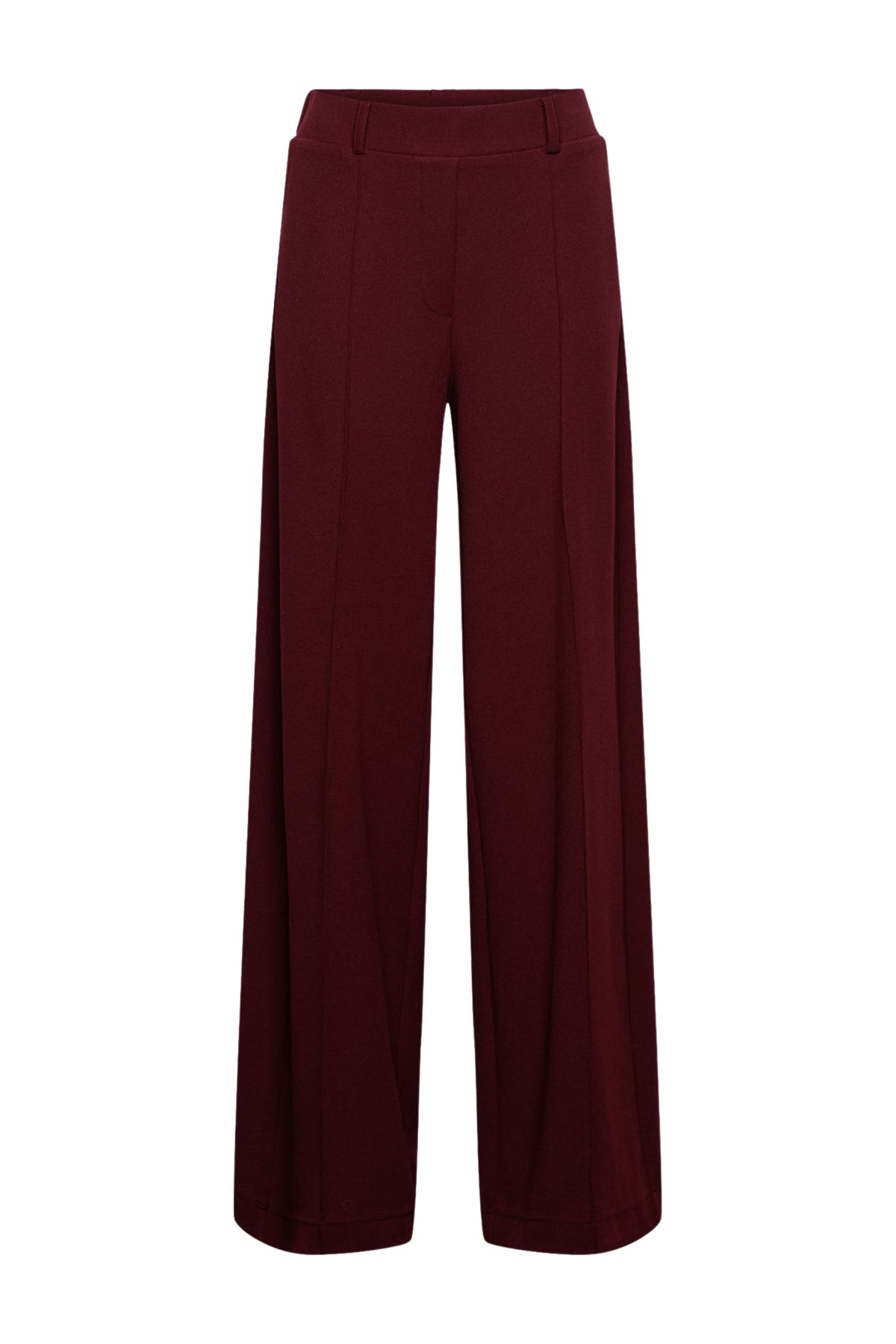 Donkere burgundy broek Geniva van &Co woman, zachte stof en comfortabele pasvorm, close-up van de stof en pasvorm