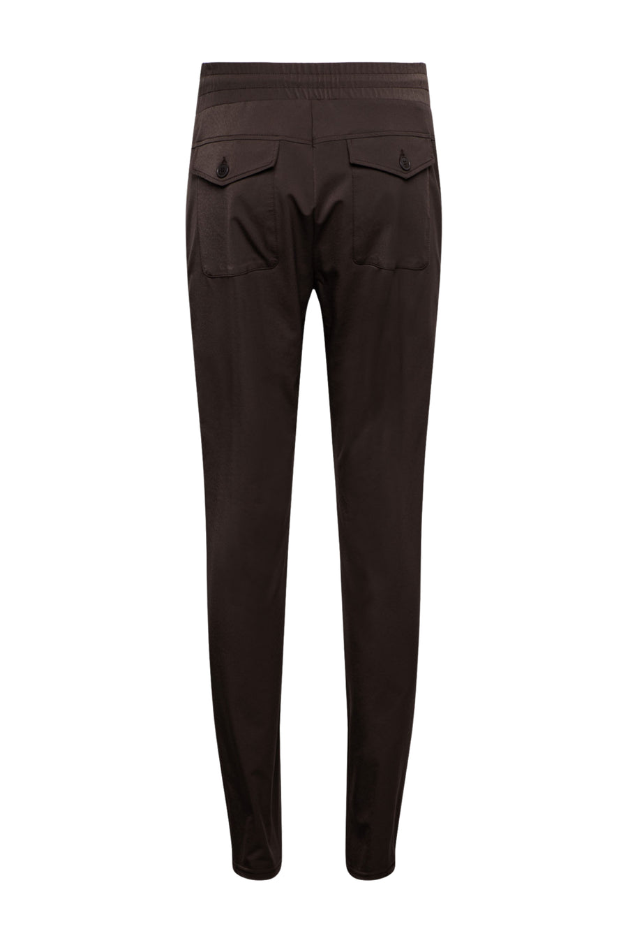 Donkere chocolade reisbroek voor dames van &Co woman, zachte stof en comfortabele pasvorm, zichtbaar in de afbeelding.