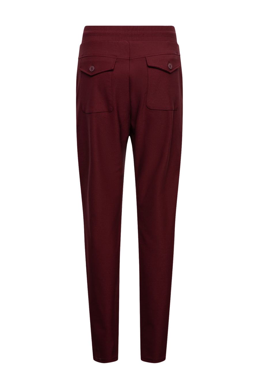 Burgundy travel broek van &Co Woman, model Veerle, met comfortabele pasvorm en stijlvolle uitstraling, geschikt voor reizen.