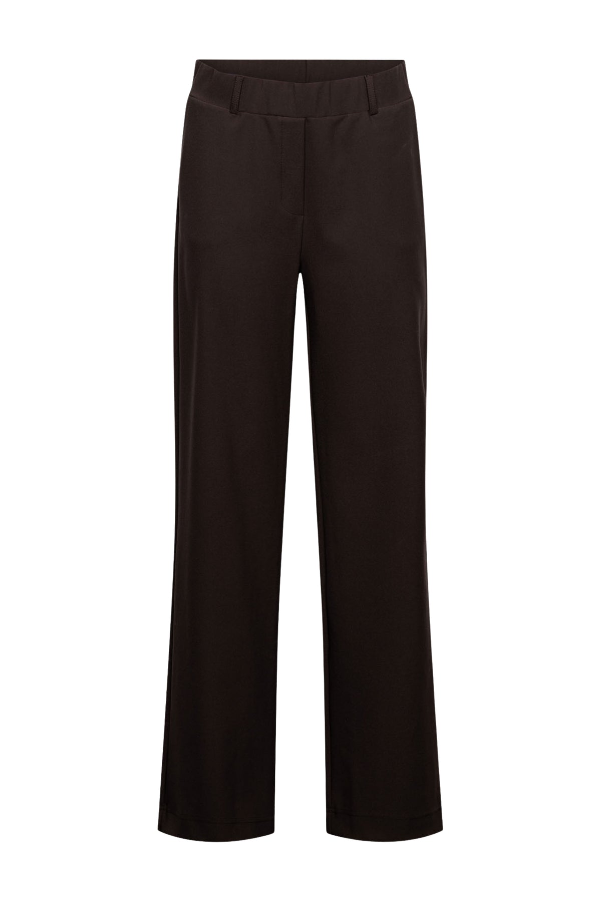 Donkere chocolade heavy travel broek Patrice van &Co woman, zicht op de pasvorm en stof van de broek.