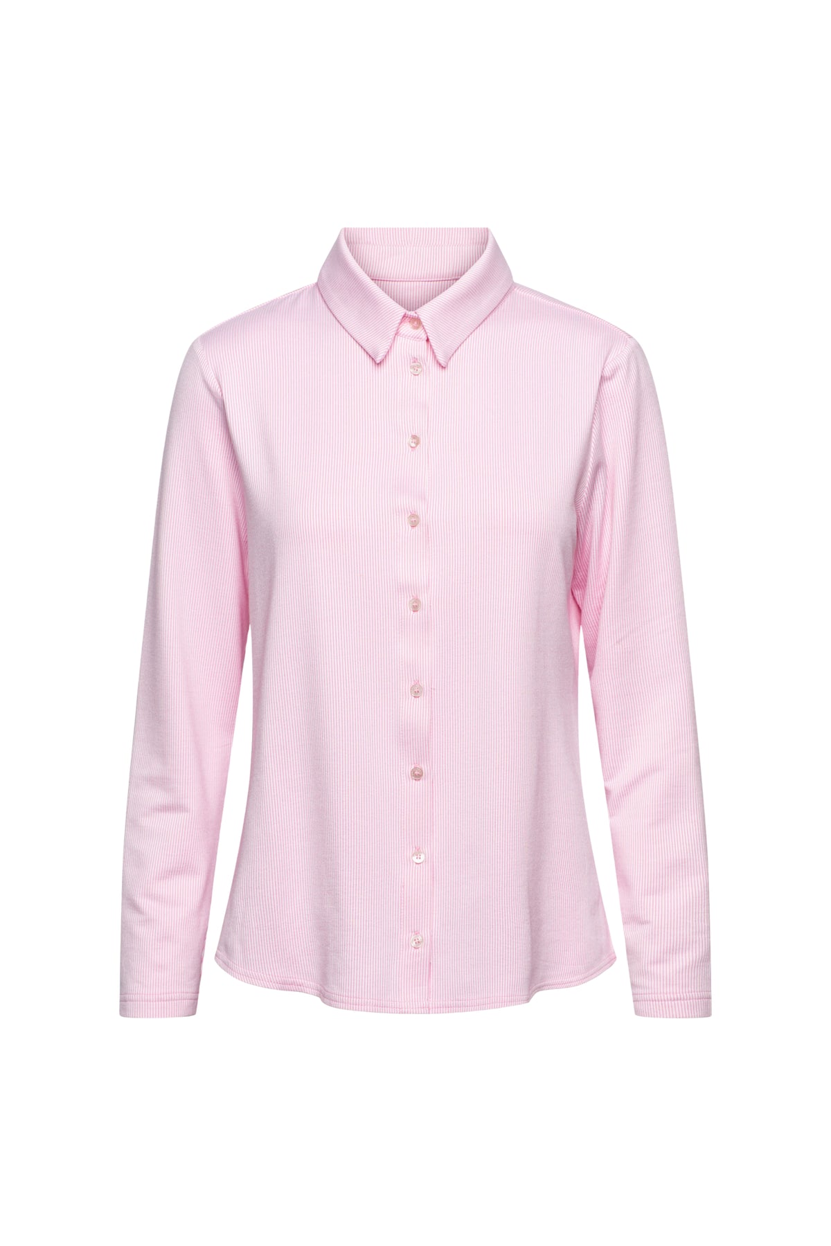 Witte en roze gestreepte blouse Lotte van &Co woman, met kraag en lange mouwen, weergegeven op model.