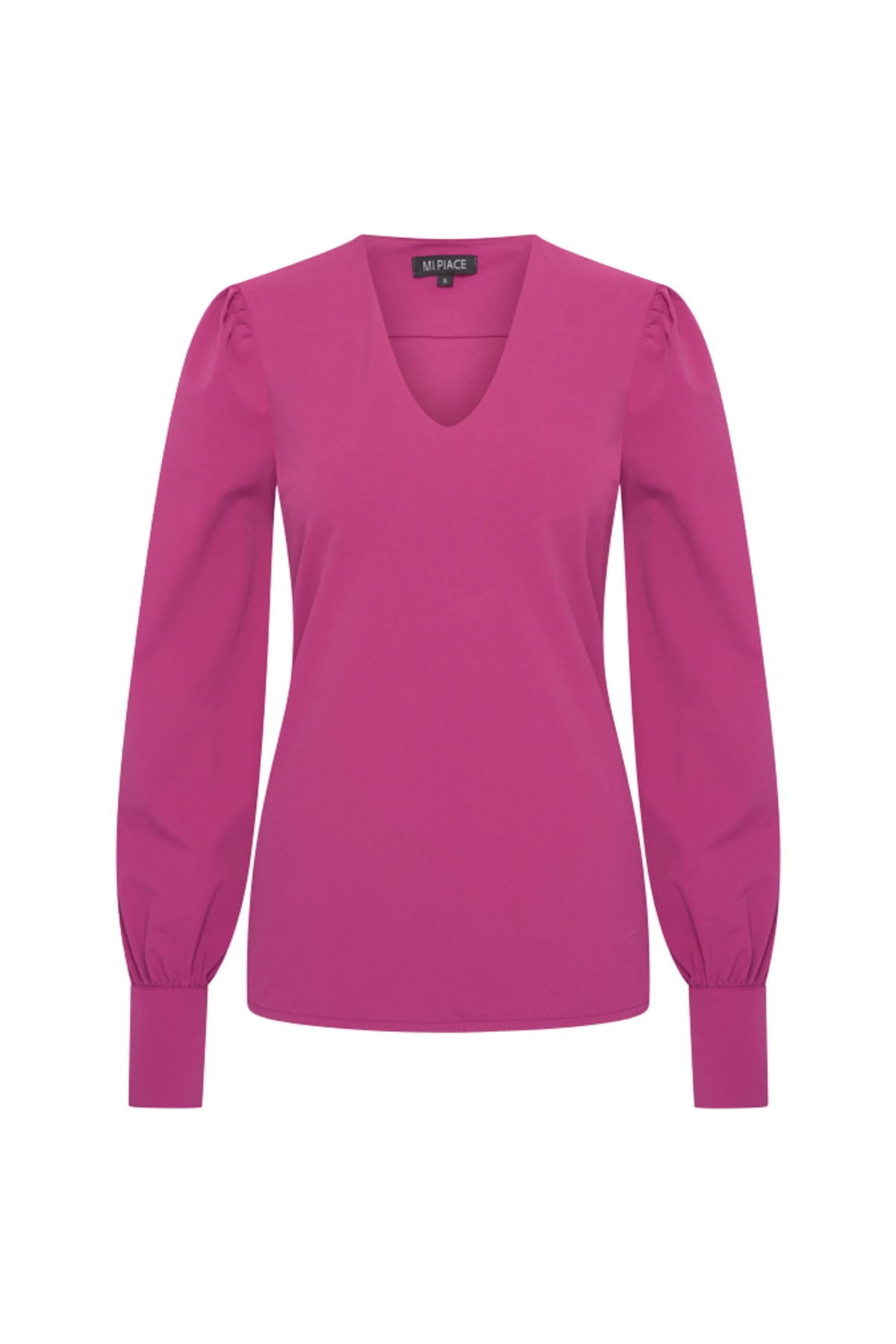 Mi Piace reiskleed met pofmouwen in magenta en paars, stijlvolle blouse voor reizen, elegante en opvallende uitstraling