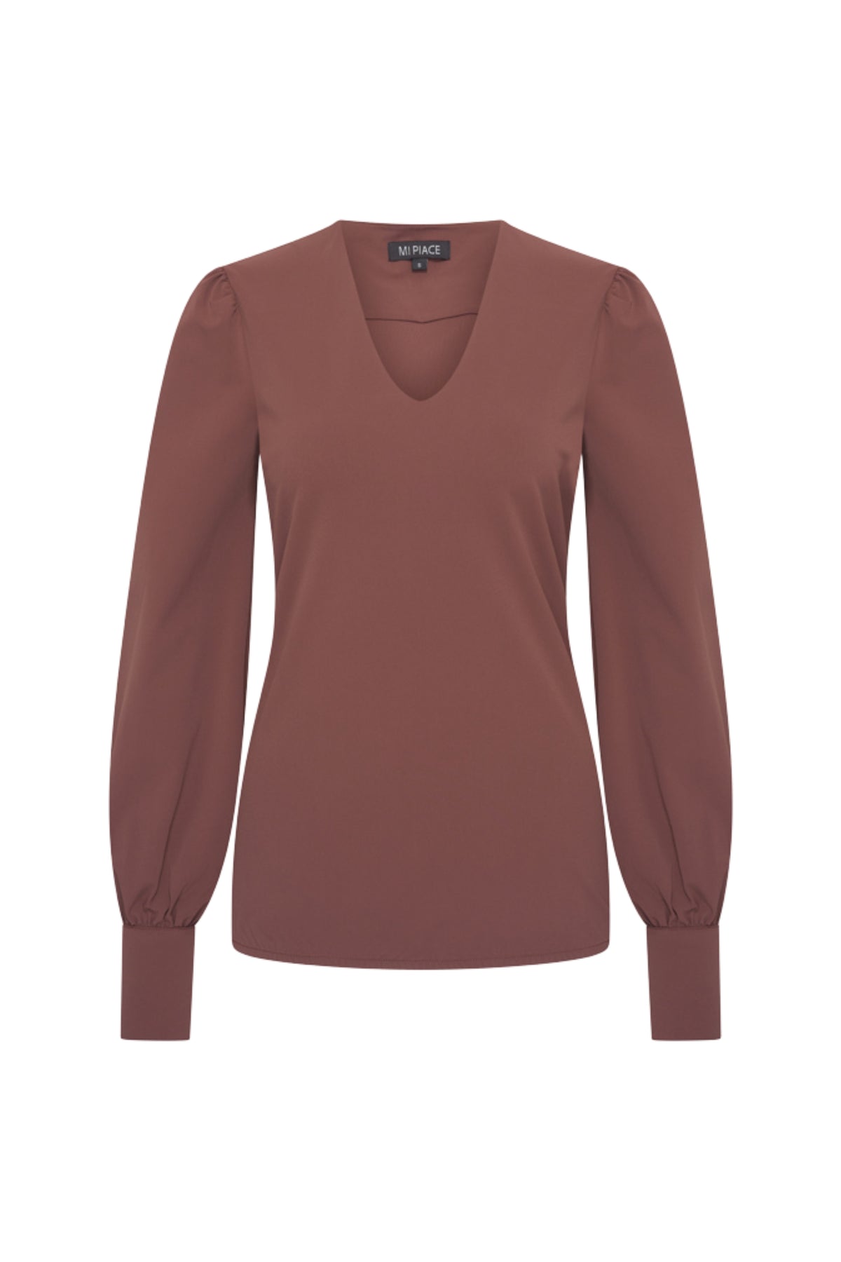 Mi Piace reiskleding blouse met pofmouwen in mahonie, stijlvolle damesblouse voor reizen, modieus en comfortabel.