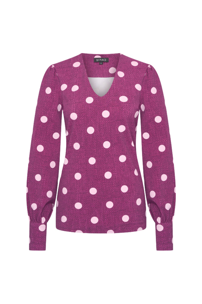 Travel Blouse Puff Sleeves Dot Structure Print Magenta Purple 202226