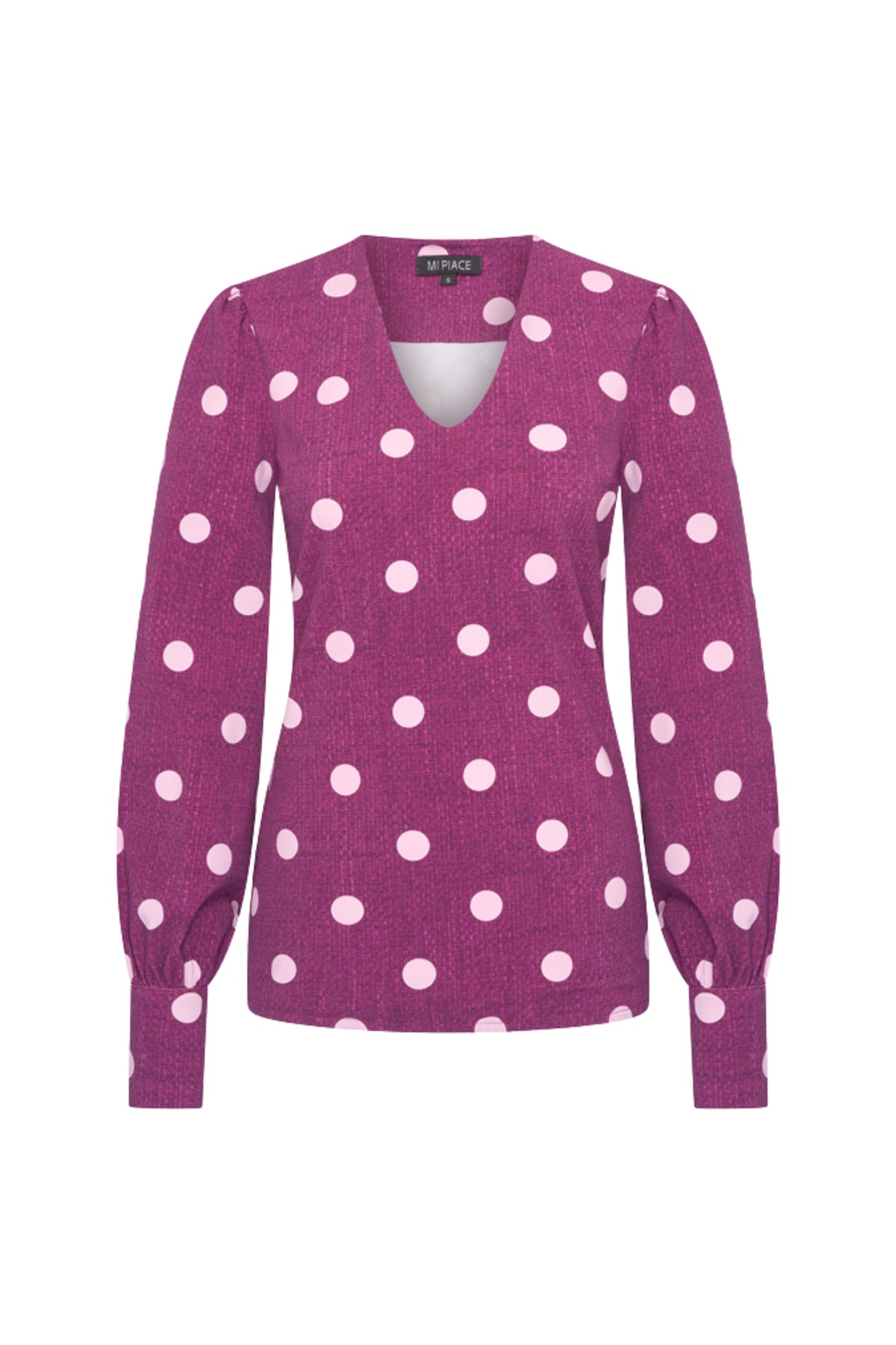Mi Piace reisblouse met pofmouwen en stippenprint in magenta en paars, luchtige en stijlvolle dames blouse.