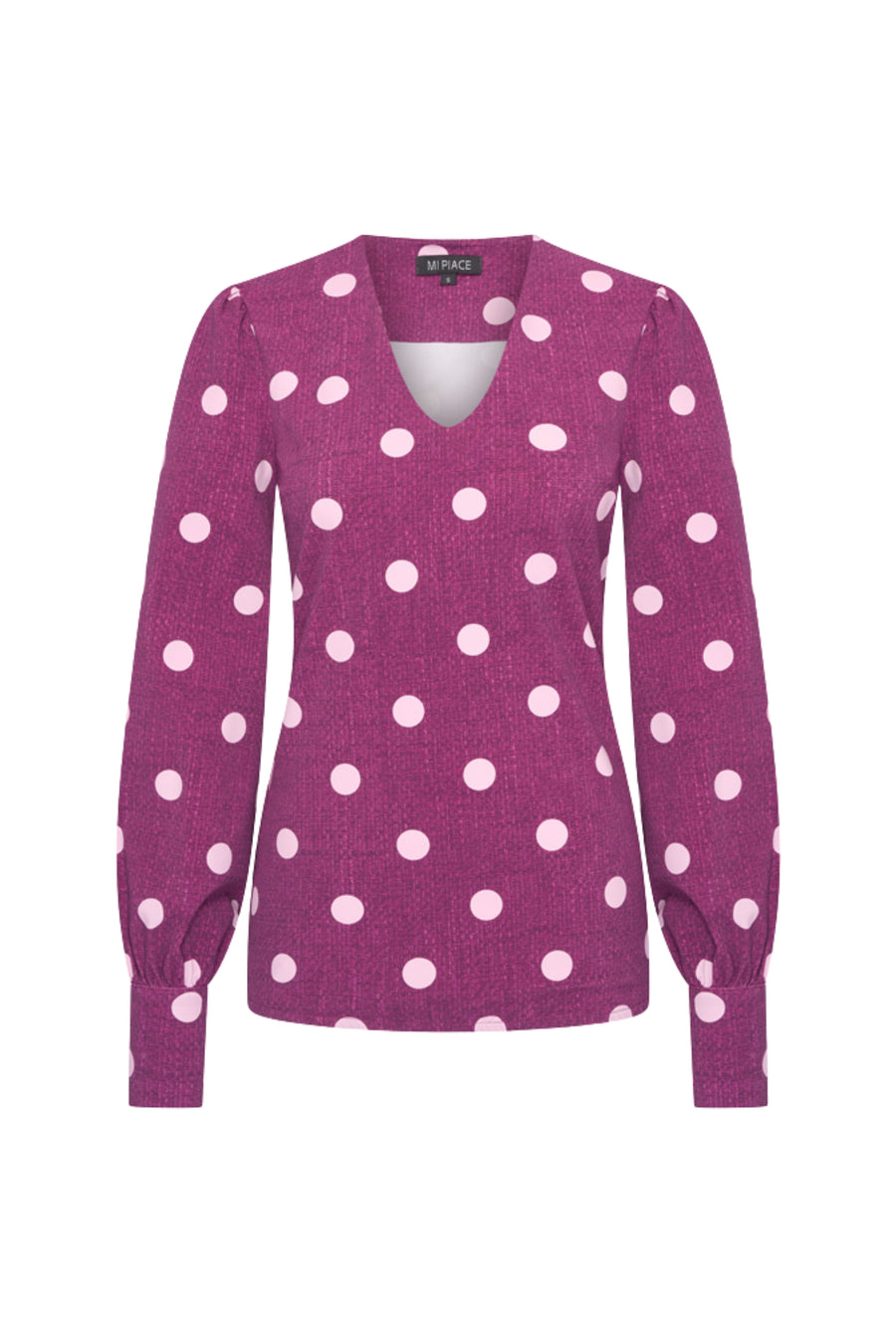 Mi Piace reisblouse met pofmouwen en stippenprint in magenta en paars, luchtige en stijlvolle dames blouse.