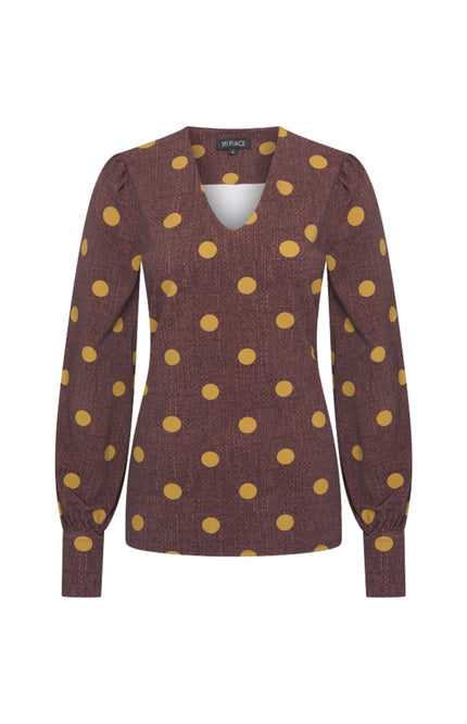 Travel Blouse Puff Sleeves Dot Structure Print Mahogany 202226