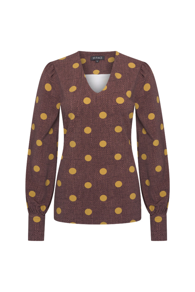 Travel Blouse Puff Sleeves Dot Structure Print Mahogany 202226