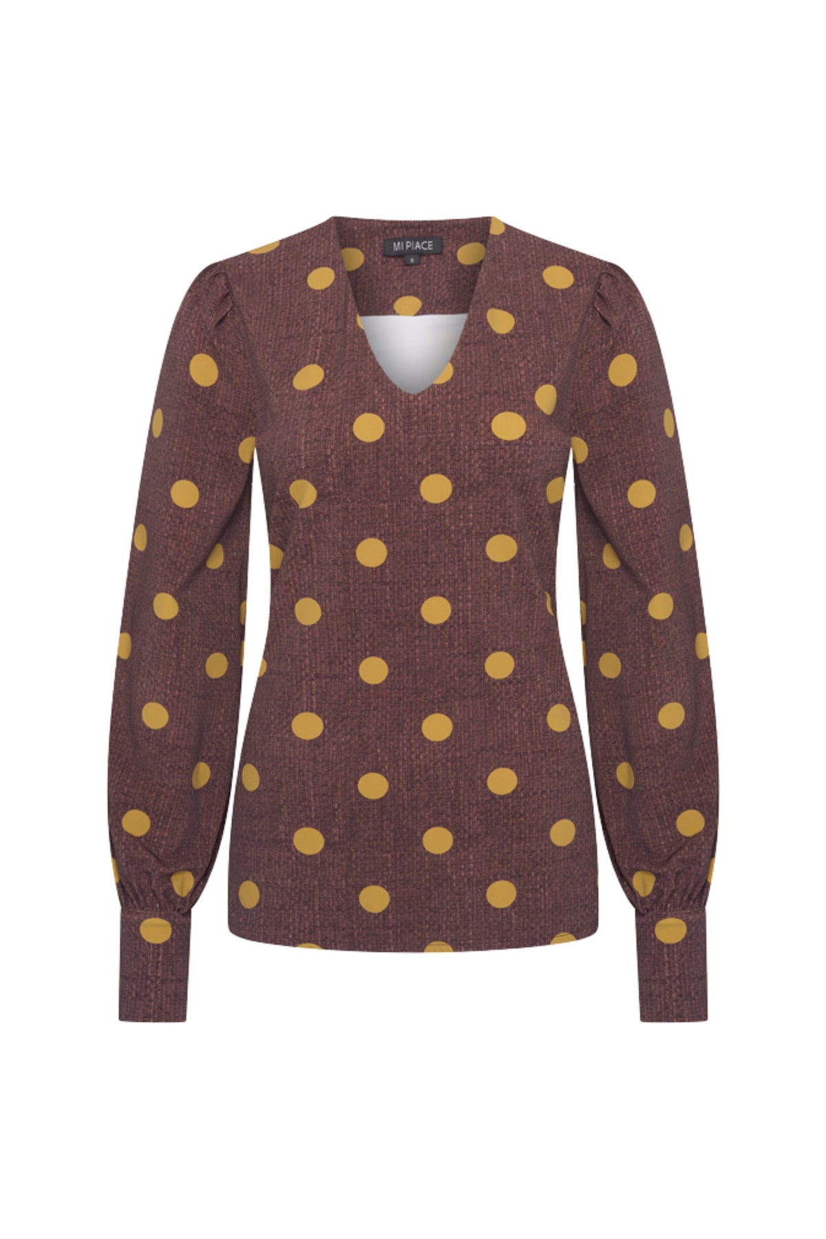 Mi Piace reishandwerk blouse met pofmouwen en stippenpatroon in mahonie, elegante en comfortabele zomerblouse.