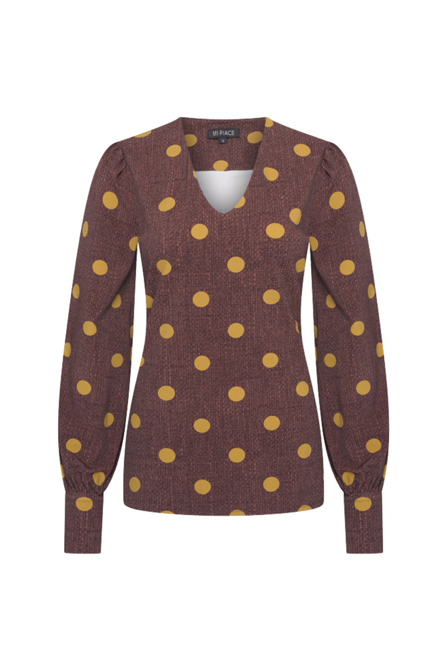 Mi Piace reishandwerk blouse met pofmouwen en stippenpatroon in mahonie, elegante en comfortabele zomerblouse.