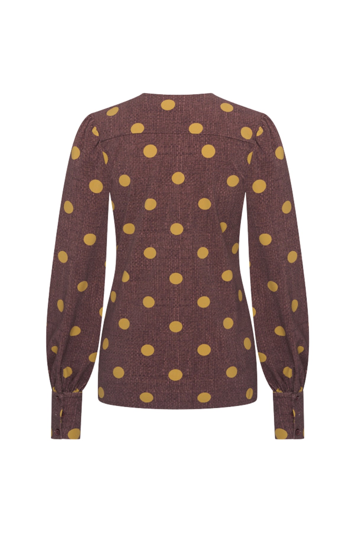 Lichte roze travel blouse met pufmouwen en stippenprint van Mi Piace, gestyled met een elegante, casual uitstraling.