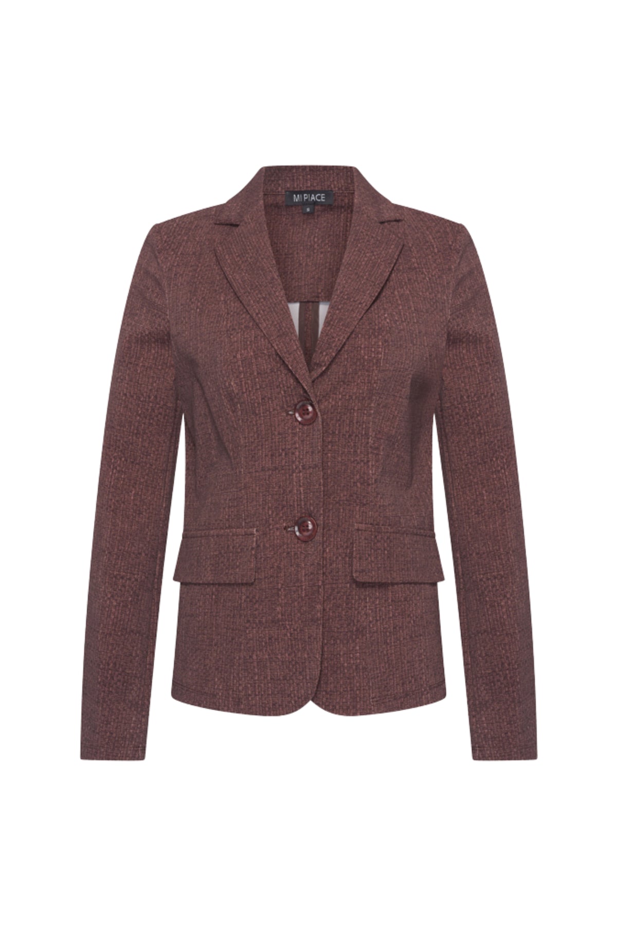 Mi Piace reiskostuum blazer met geweven structuur en mahonieprint, stijlvolle en comfortabele damesjas voor reizen.
