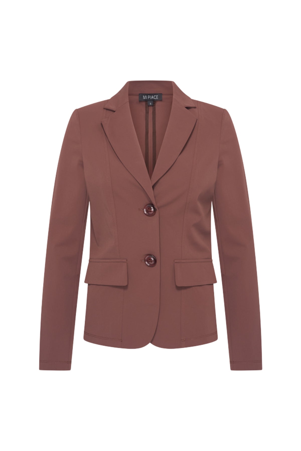 Lichte reist blazer van Mi Piace in mahoniekleur, getoond op een model met knopen en revers.