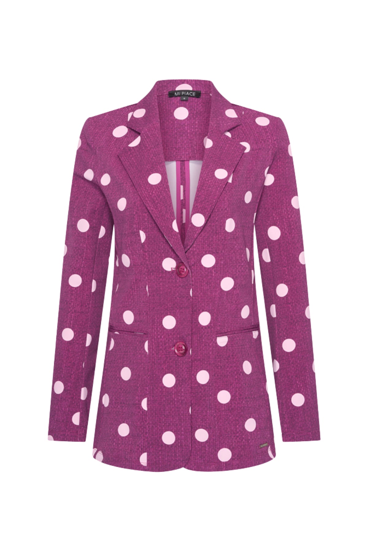 Reisblazer van Mi Piace met dotstructuur print in magenta en paars, stijlvolle en comfortabele reisoutfit.