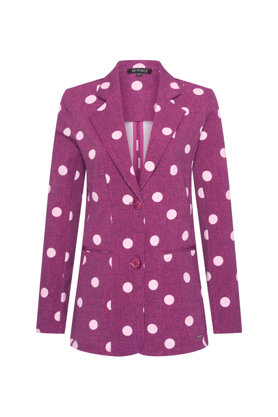 Reisblazer van Mi Piace met dotstructuur print in magenta en paars, stijlvolle en comfortabele reisoutfit.