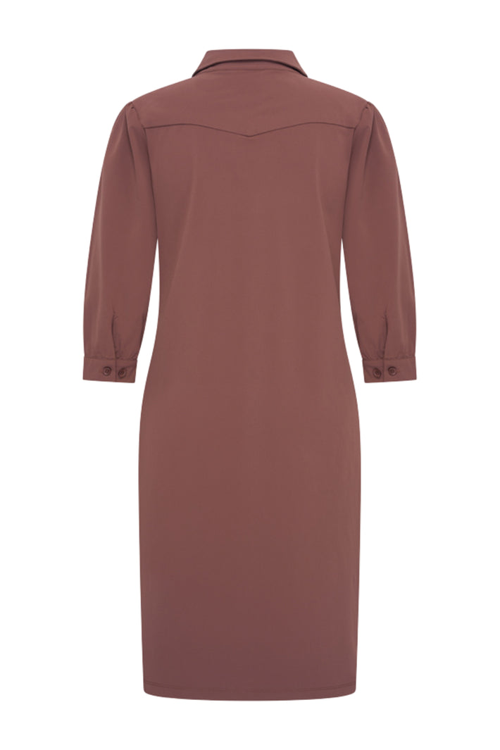 Lichte mahoniekleurige travel jurk Polo Mi Piace, casual en comfortabel, met korte mouwen en v-hals, gedragen door een model.