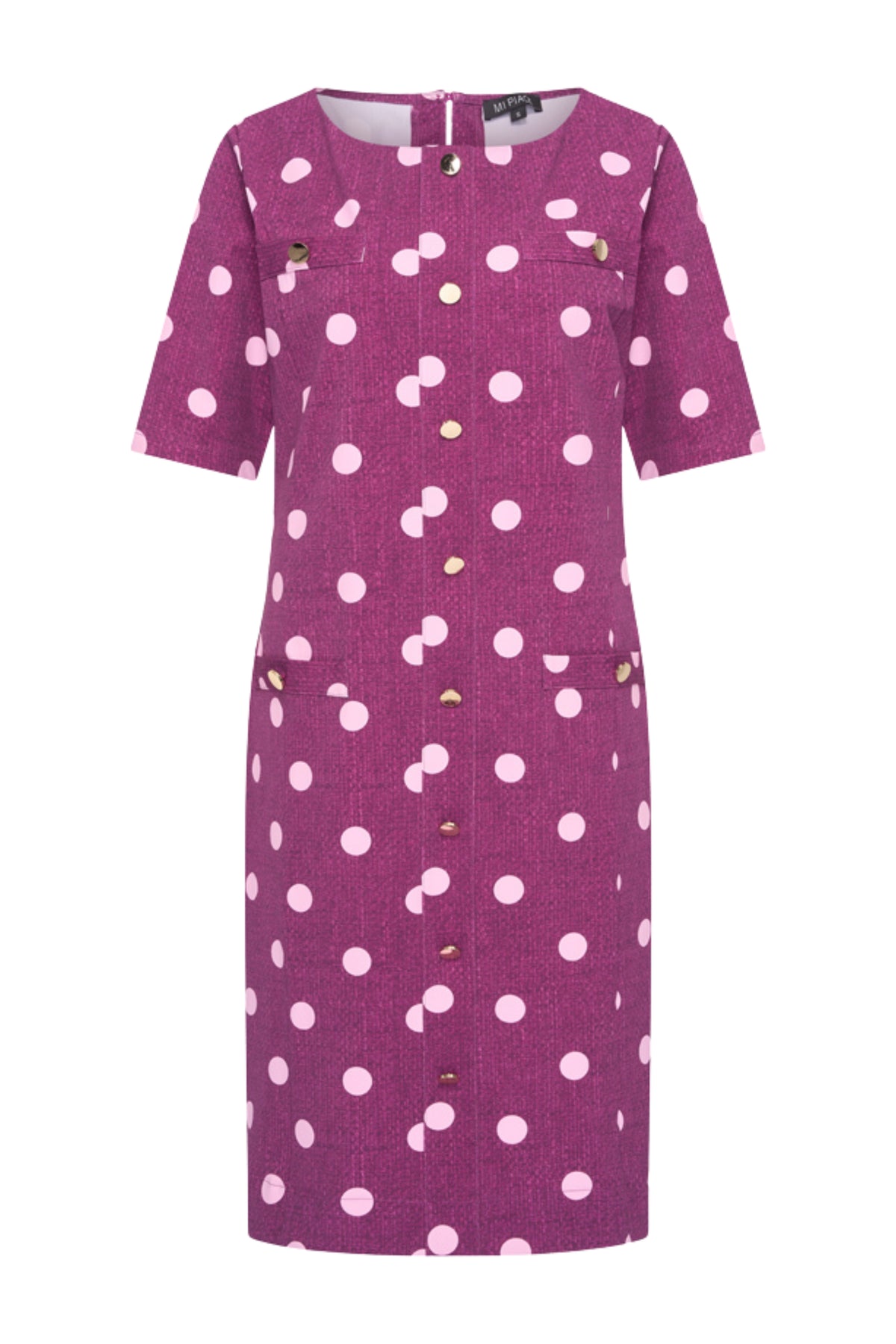 Mi Piace travel jurk met stippenprint in magenta en paars, stijlvolle dot structure print, perfect voor reizen en casual gelegenheden.