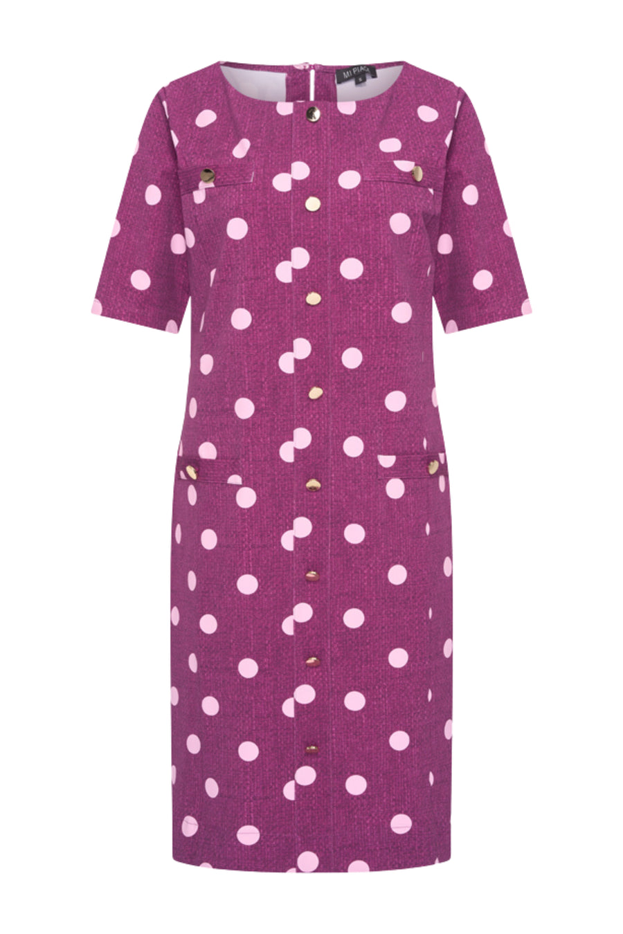 Mi Piace travel jurk met stippenprint in magenta en paars, stijlvolle dot structure print, perfect voor reizen en casual gelegenheden.