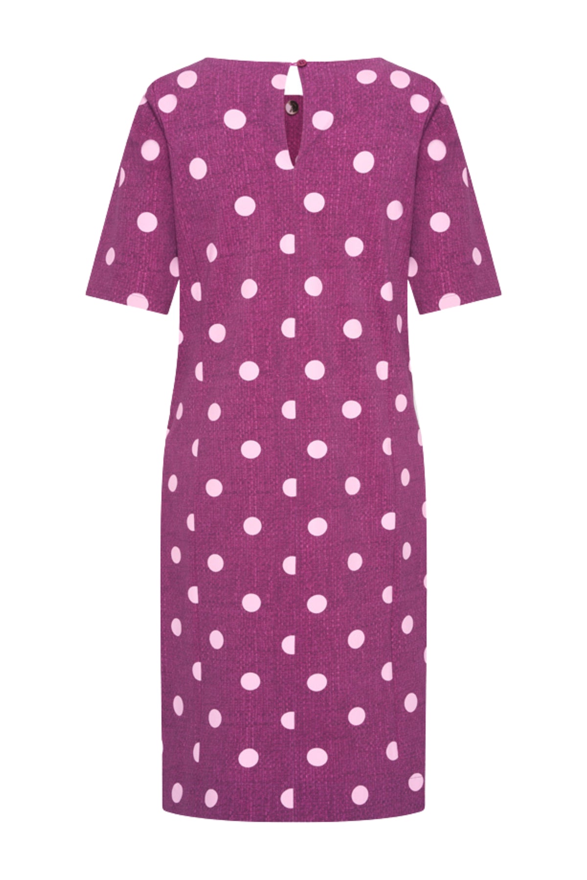 Mi Piace reizen jurk met roze en paarse stippenprint, luchtige structuur en elegante pasvorm voor zomerse gelegenheden.