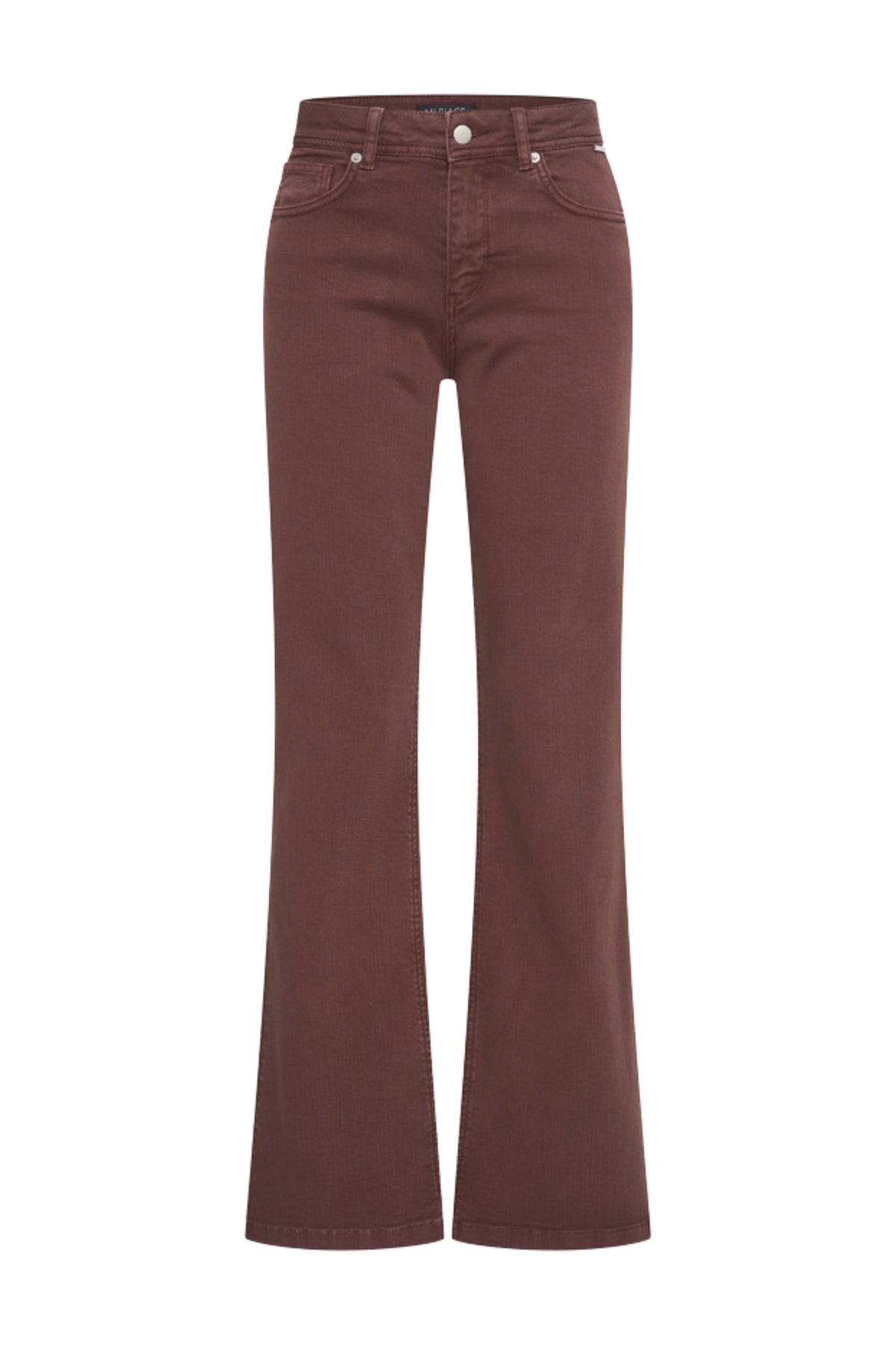 Donkere Mahogany jeans van Mi Piace, model Firenze 7411 L33, met rechte snit en denim stof, hangend op een houten hanger.