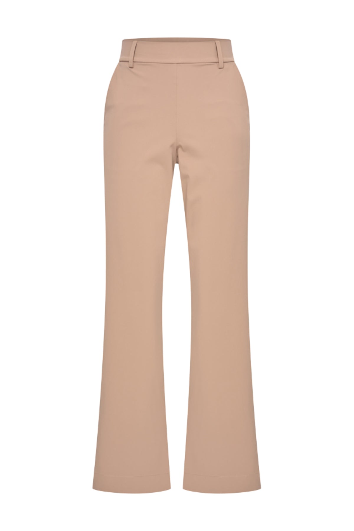 Donkere portabella heavy travel broek van Mi Piace, stevige stof en comfortabele pasvorm, gedragen door een model.