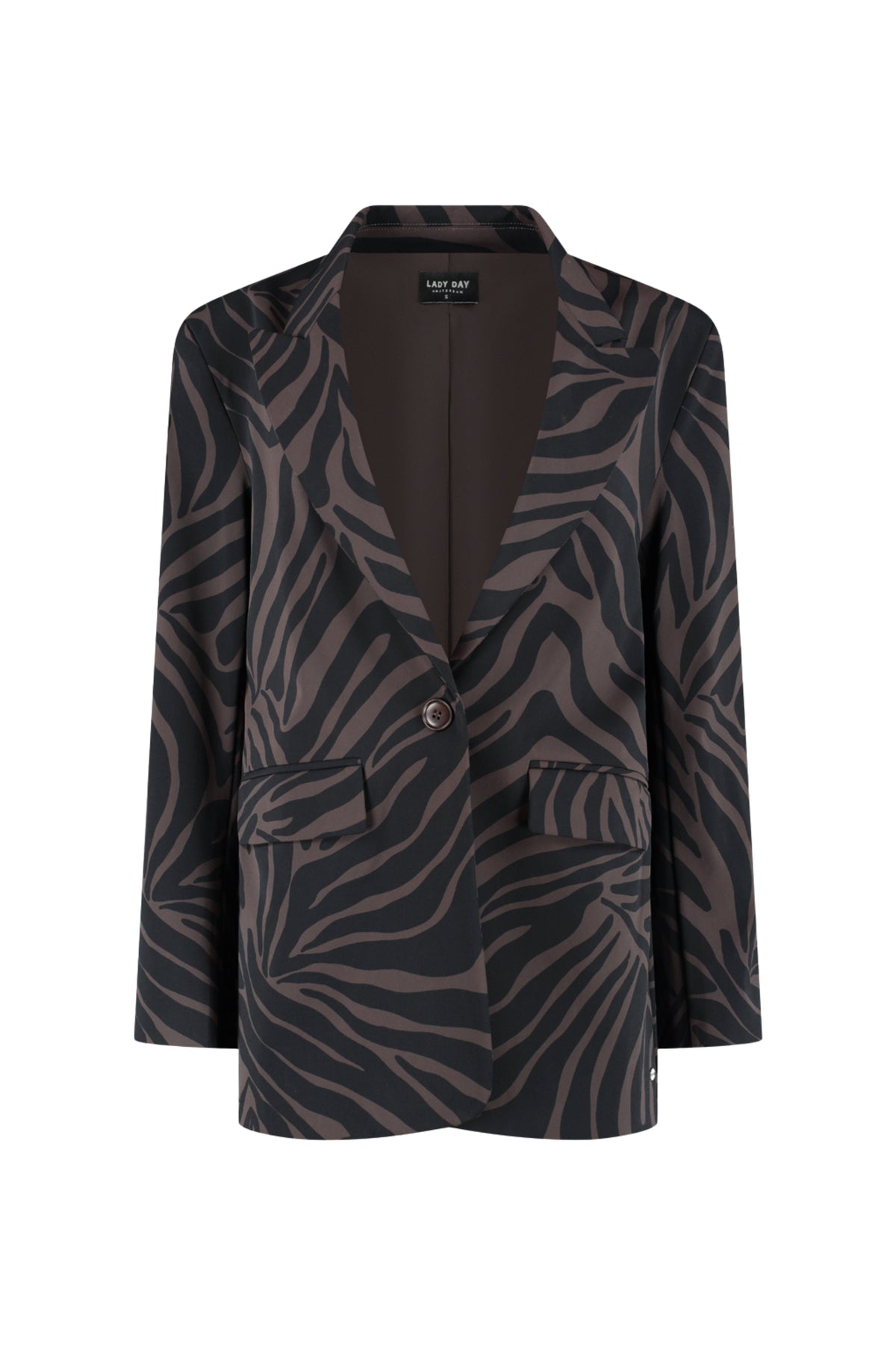 Lorna Ivy print travel blazer van Lady Day, getoond op model met opvallende print en stijlvolle snit.