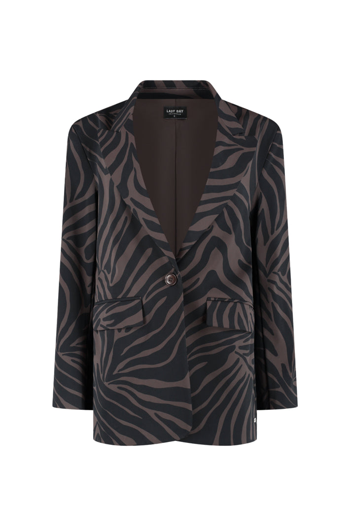 Lorna Ivy print travel blazer van Lady Day, getoond op model met opvallende print en stijlvolle snit.