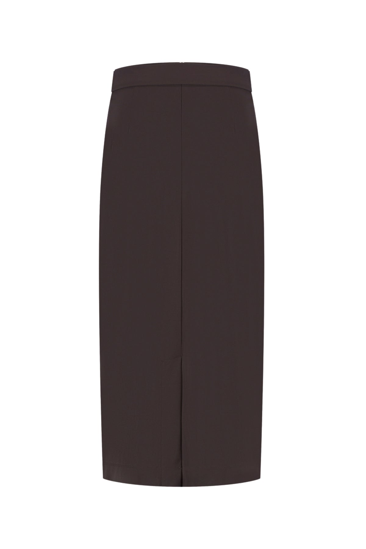Reisrok van Lady Day in donkerbruin Storm, model L38-375-3512, weergegeven op een mannequin met vouwen en tailleband