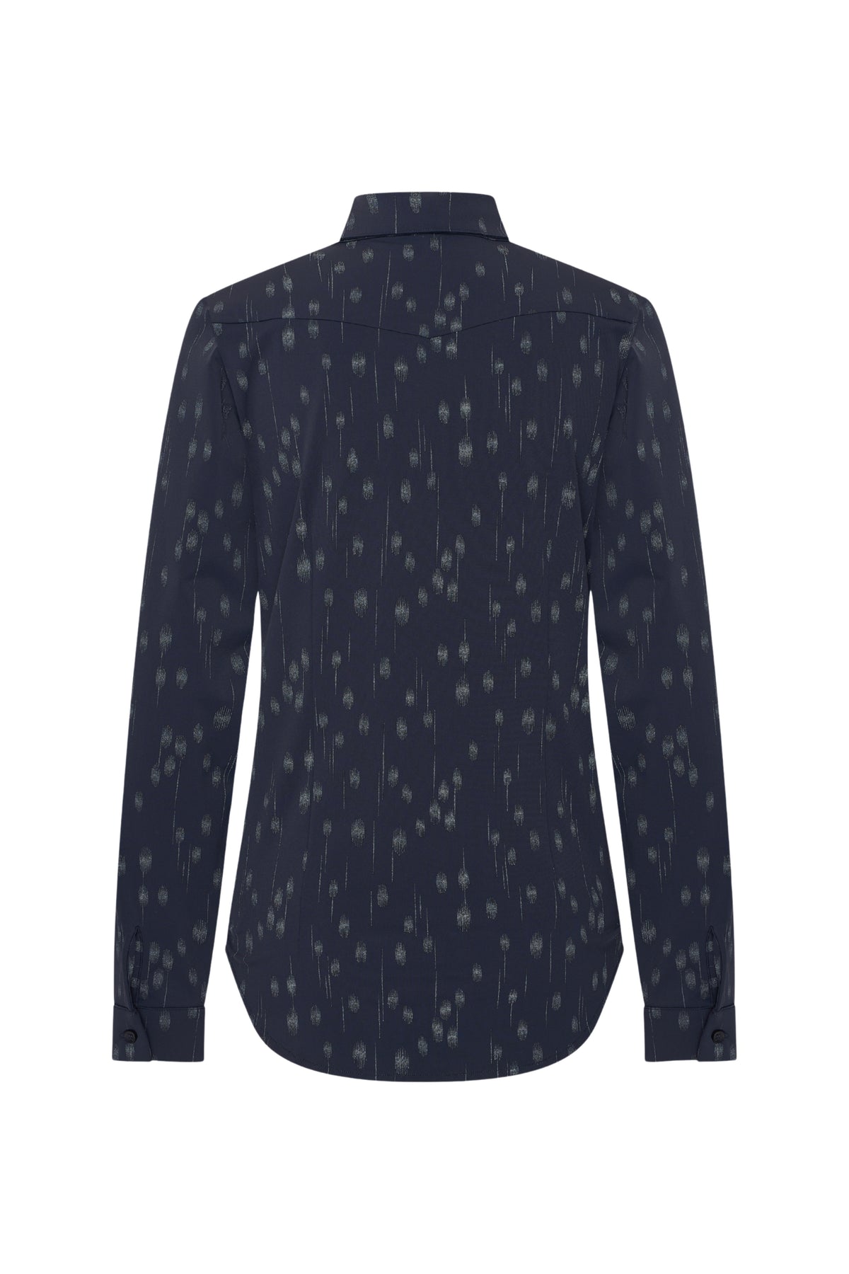 Mi Piace reiskleding blouse met stippen en folieprint in navy, korte mouwen en comfortabele pasvorm.