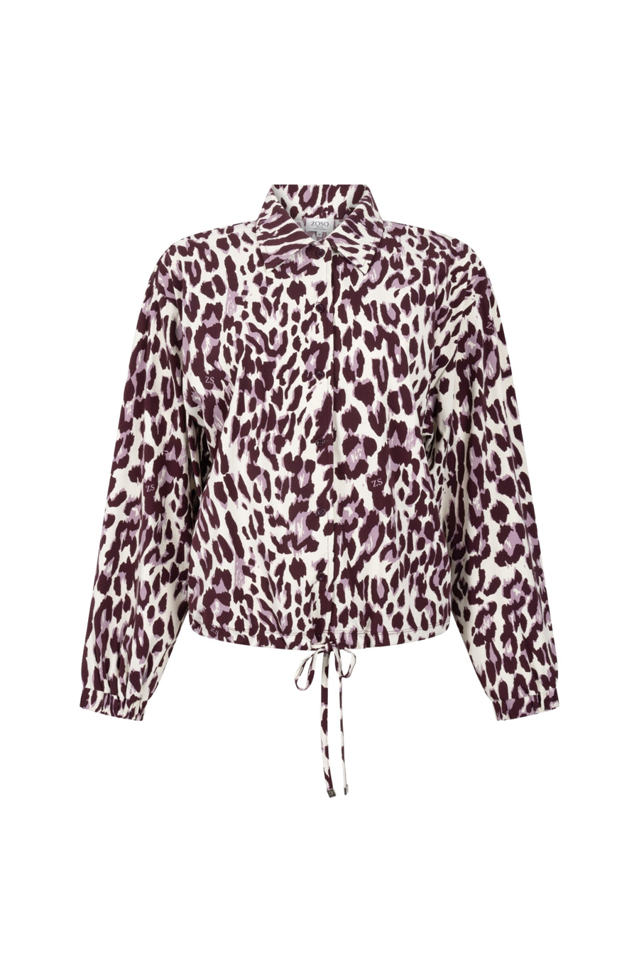 Zoso Travel Blouse Daphne in mauve en bordeaux, getoond in close-up met zachte stof en elegante snit.