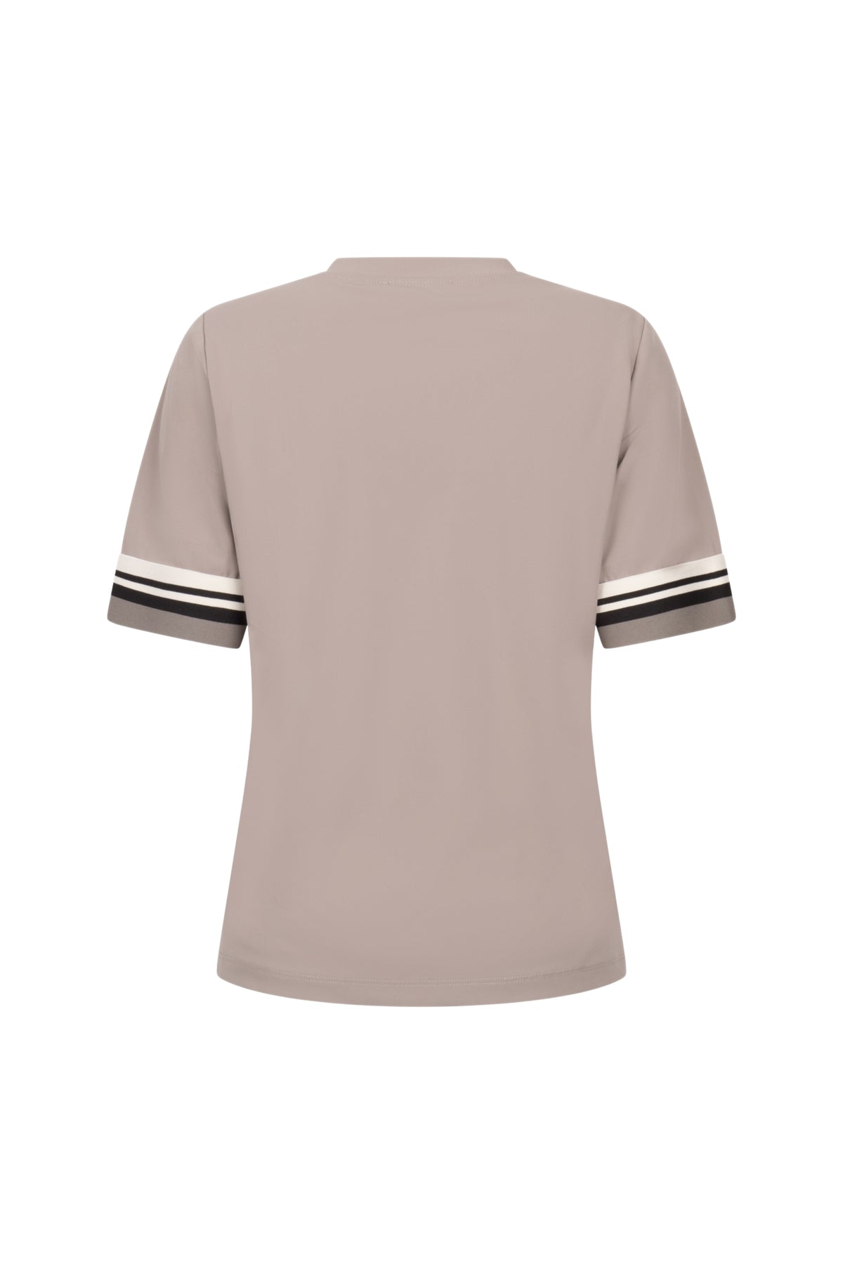 Zoso Desiree taupe reis T-shirt, casual en comfortabel, weergegeven op een model met korte mouwen en een relaxte pasvorm