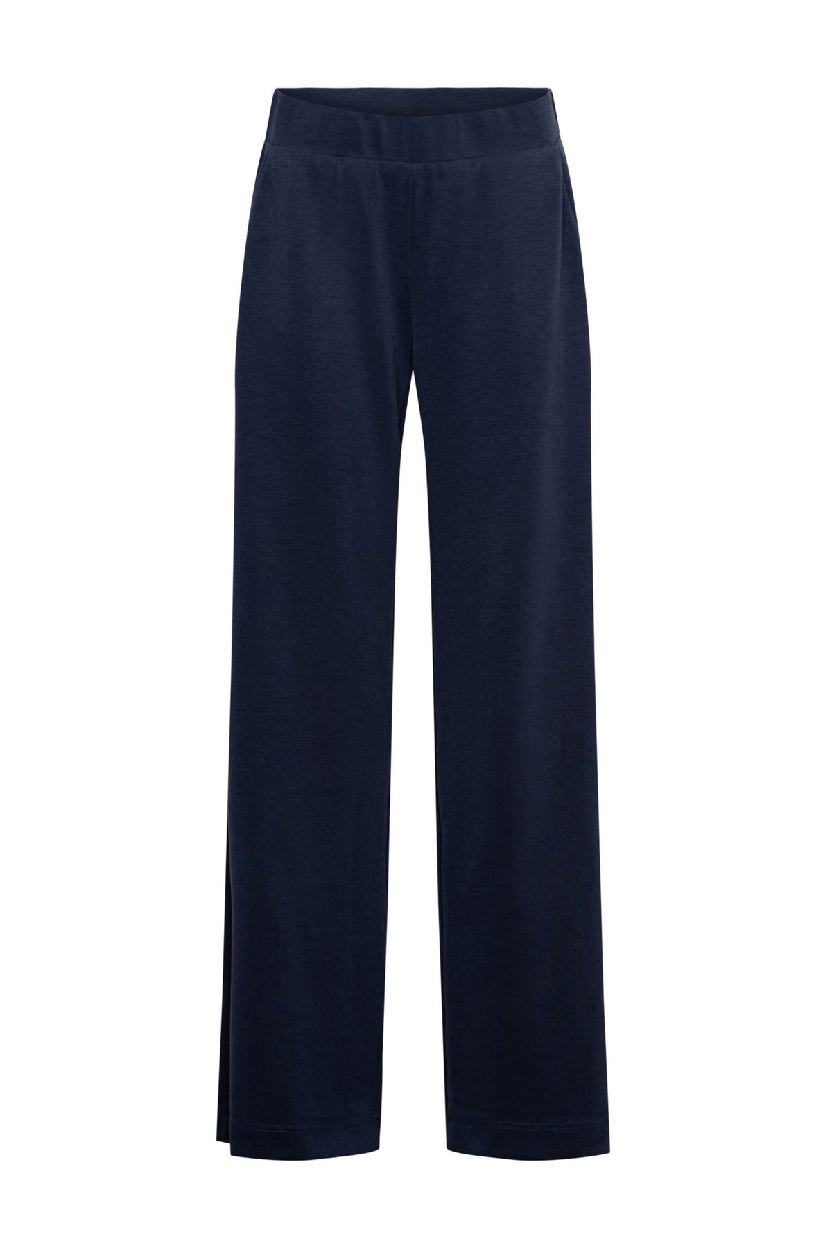 Donkerblauwe Dawn broek van &Co woman, zijaanzicht met elastische tailleband en rechte pasvorm, casual en comfortabel.