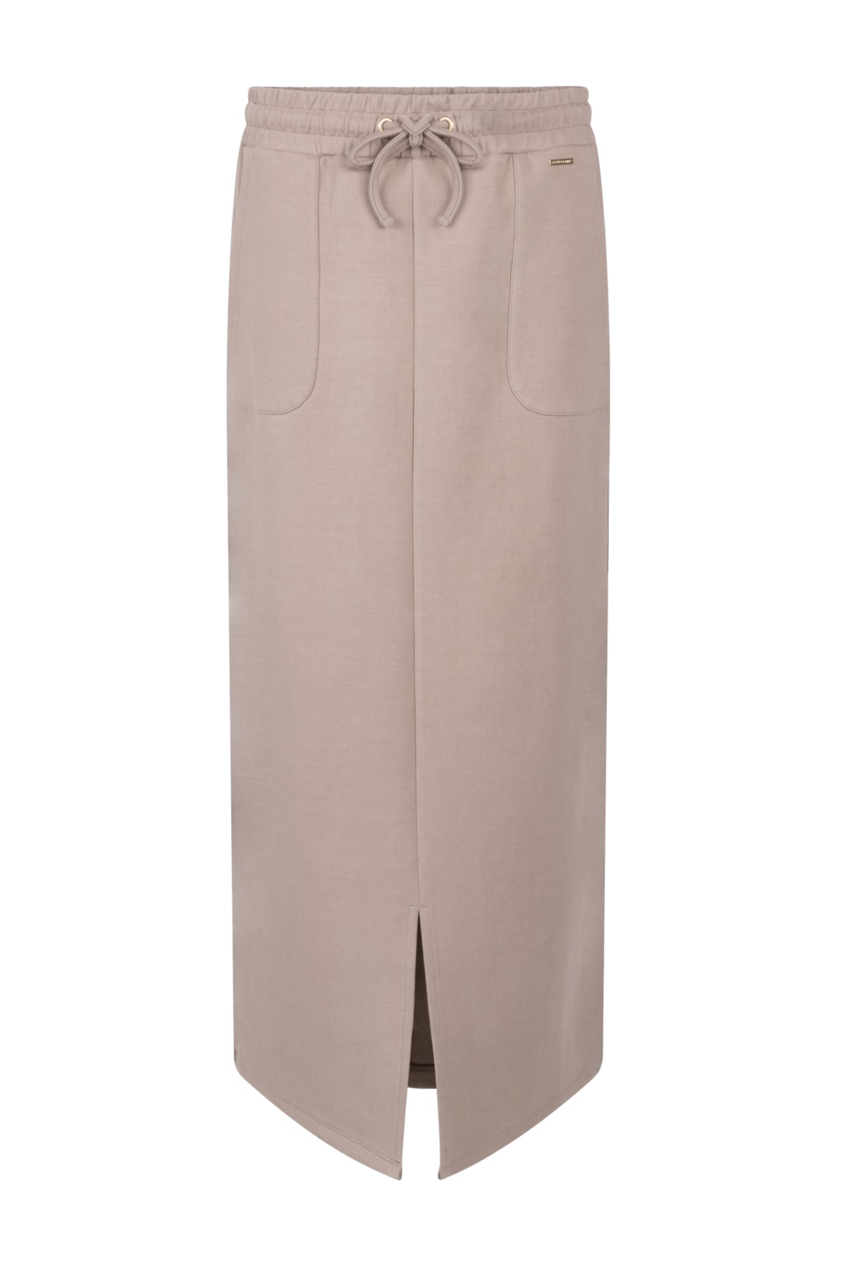 Taupe rok Fonda van Zoso met elegante pasvorm en midi lengte, weergegeven op een model.