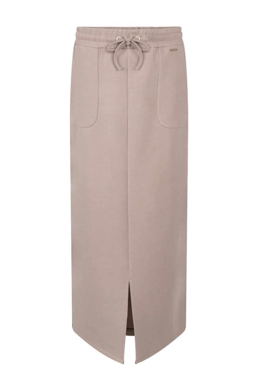 Taupe rok Fonda van Zoso met elegante pasvorm en midi lengte, weergegeven op een model.