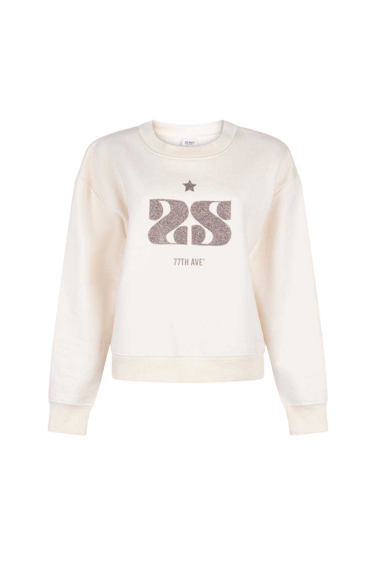 Zoso Sweater Glory Ivory Multi, damestrui met kleurrijke patronen en zachte textuur, gedragen door model.