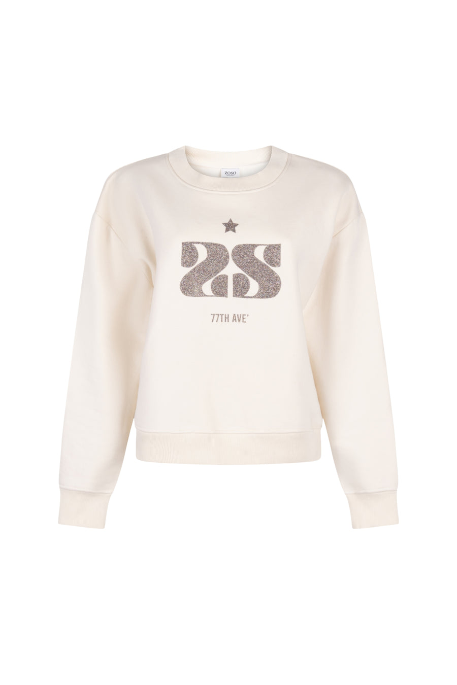 Zoso Sweater Glory Ivory Multi, damestrui met kleurrijke patronen en zachte textuur, gedragen door model.