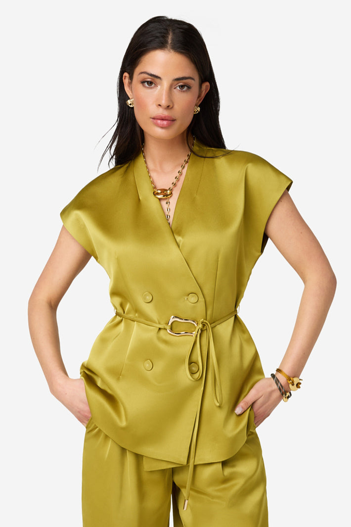 Groene en gouden blazer Teja van Ibana, stijlvolle damesjas met elegante snit en modieuze uitstraling, close-up van de stof en details