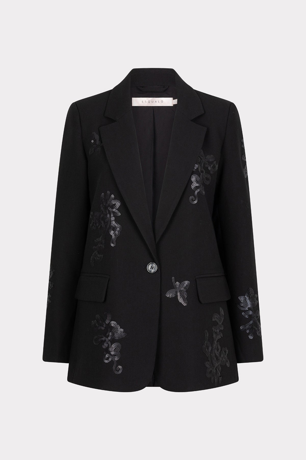 Zwart blazer met glitters van EsQualo, sequin details en stijlvolle pasvorm, gedragen door een model.