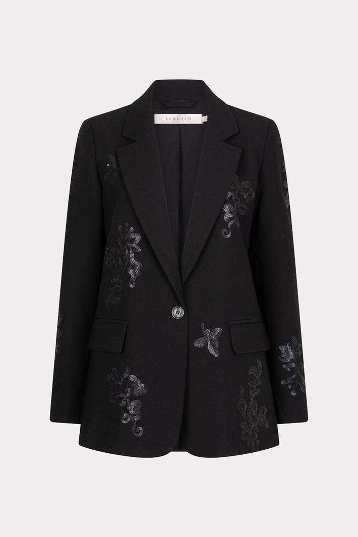 Zwart blazer met glitters van EsQualo, sequin details en stijlvolle pasvorm, gedragen door een model.