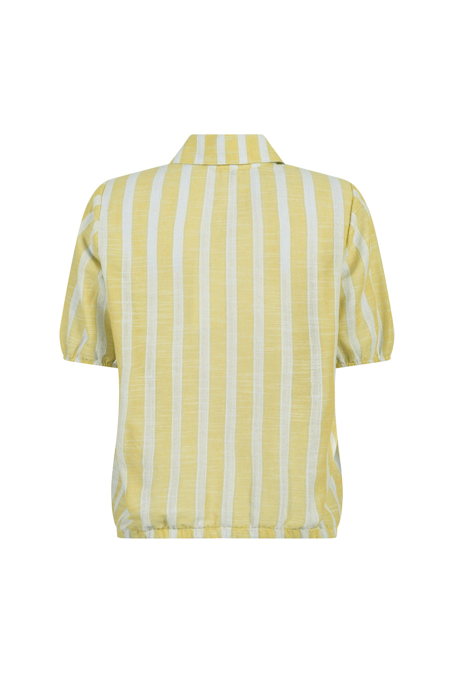 Lurex gestreepte blouse van Tramontana in zacht geel, met lange mouwen en een losse pasvorm, close-up van de stof en details