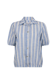Lurex gestreepte lichtblauwe blouse van Tramontana met glanzende stof en lange mouwen, gekleed model op een witte achtergrond