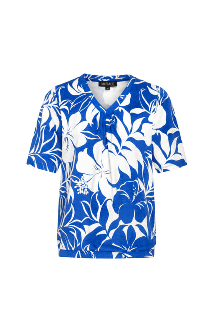 Travel Top Pleated Tropical Hisbiscus Print Nautic Blue 202815