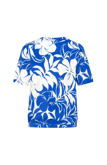 Travel Top Pleated Tropical Hisbiscus Print Nautic Blue 202815