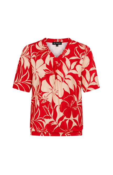 Travel Top Pleated Tropical Hisbiscus Print Red 202815